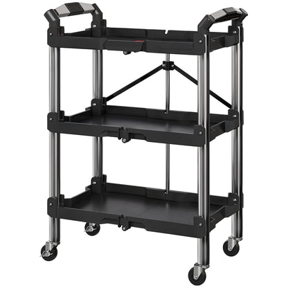HOMCOM 3-Tier Collapsible Tool Cart with Wheels, 150 LBS Capacity Folding Utility Cart with Handles for Garage Workshop, Black