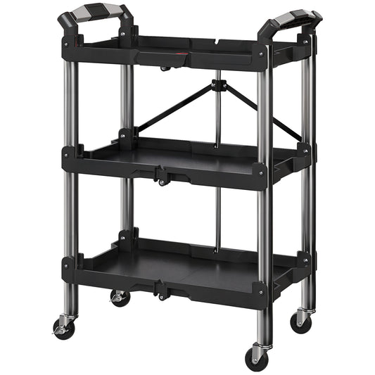 HOMCOM 3-Tier Collapsible Tool Cart with Wheels, 150 LBS Capacity Folding Utility Cart with Handles for Garage Workshop, Black
