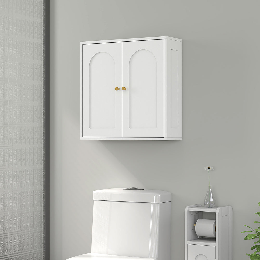 HOMCOM Medicine Cabinet, Modern Bathroom Wall Cabinet with 2 Arched Doors and Gold Handles, White Wood Grain