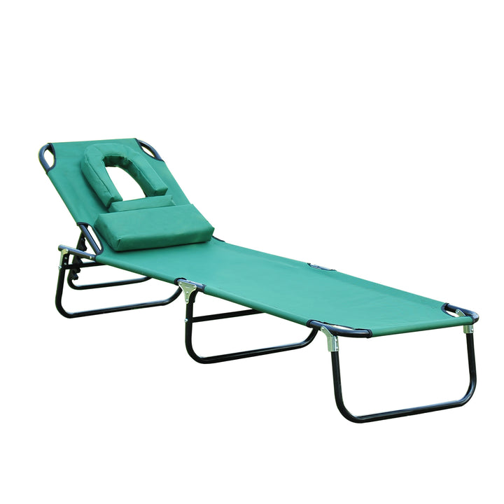 Outsunny Folding Outdoor Lounge Chair, Portable Reclining Beach Lounger with Face Hole, Detachable Pillow, 3-Position Adjustable Backrest, For Patio, Garden, Poolside, Green