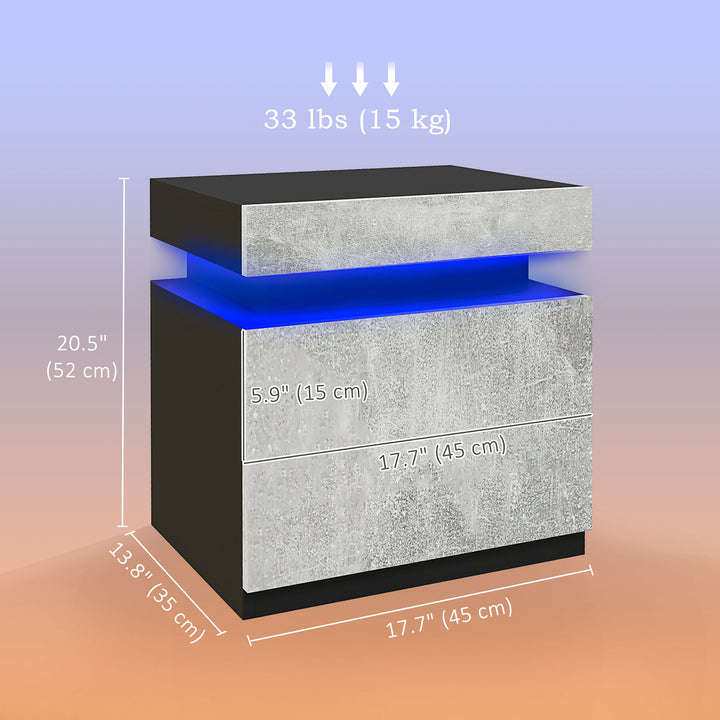 HOMCOM Nightstand, Bedside Table with LED Lights and 2 Drawers for Bedroom, Living Room, White