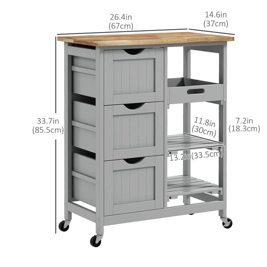HOMCOM Kitchen Cart on Wheels, Rolling Kitchen Island Cart with Wood Top, 3 Drawers and Shelves for Home Dining Area