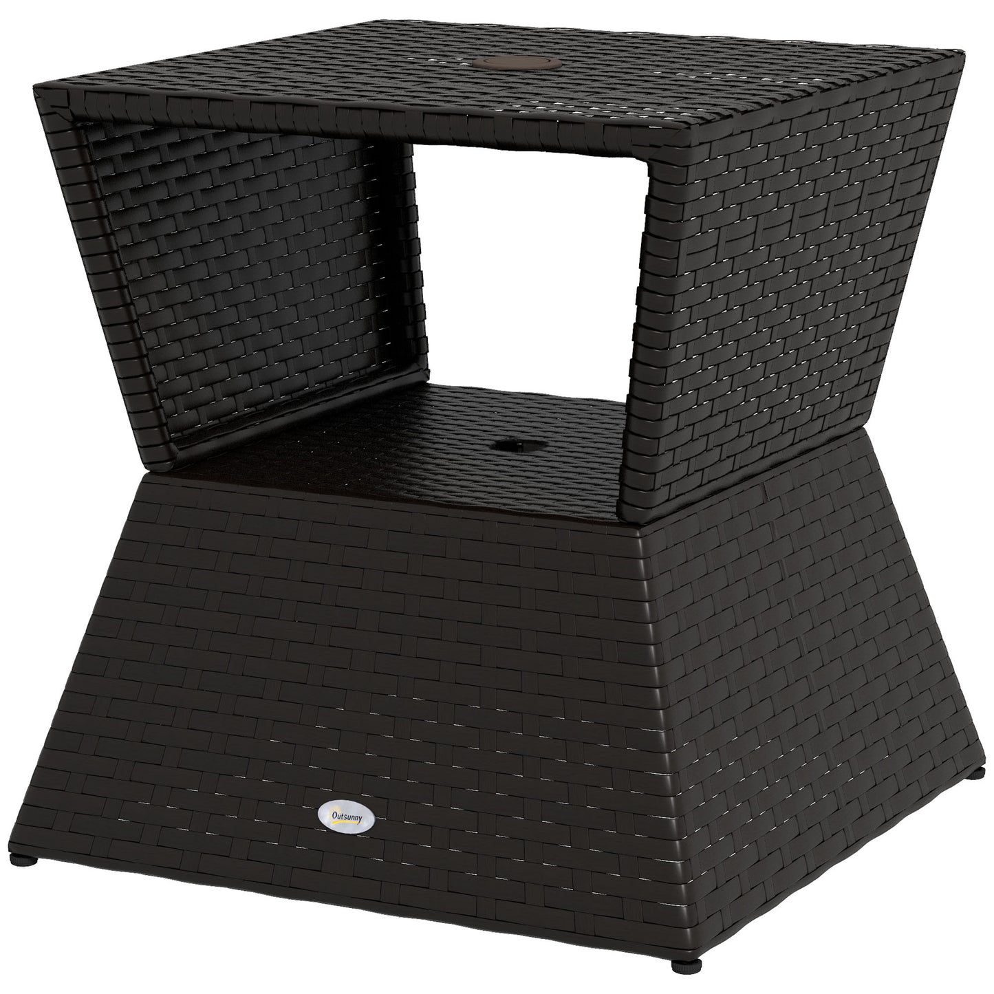 Outsunny Rattan Wicker Side Table, 21.3" Square Outdoor End Table with Umbrella Hole 2-Tier Storage for Patio Garden Mixed Brown