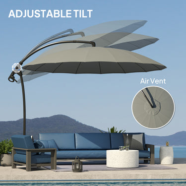 Outsunny 9FT Cantilever Umbrella with 16 Fibreglass Ribs, Offset Hanging Umbrella, Patio Umbrella with Crank and Cross Base, Grey