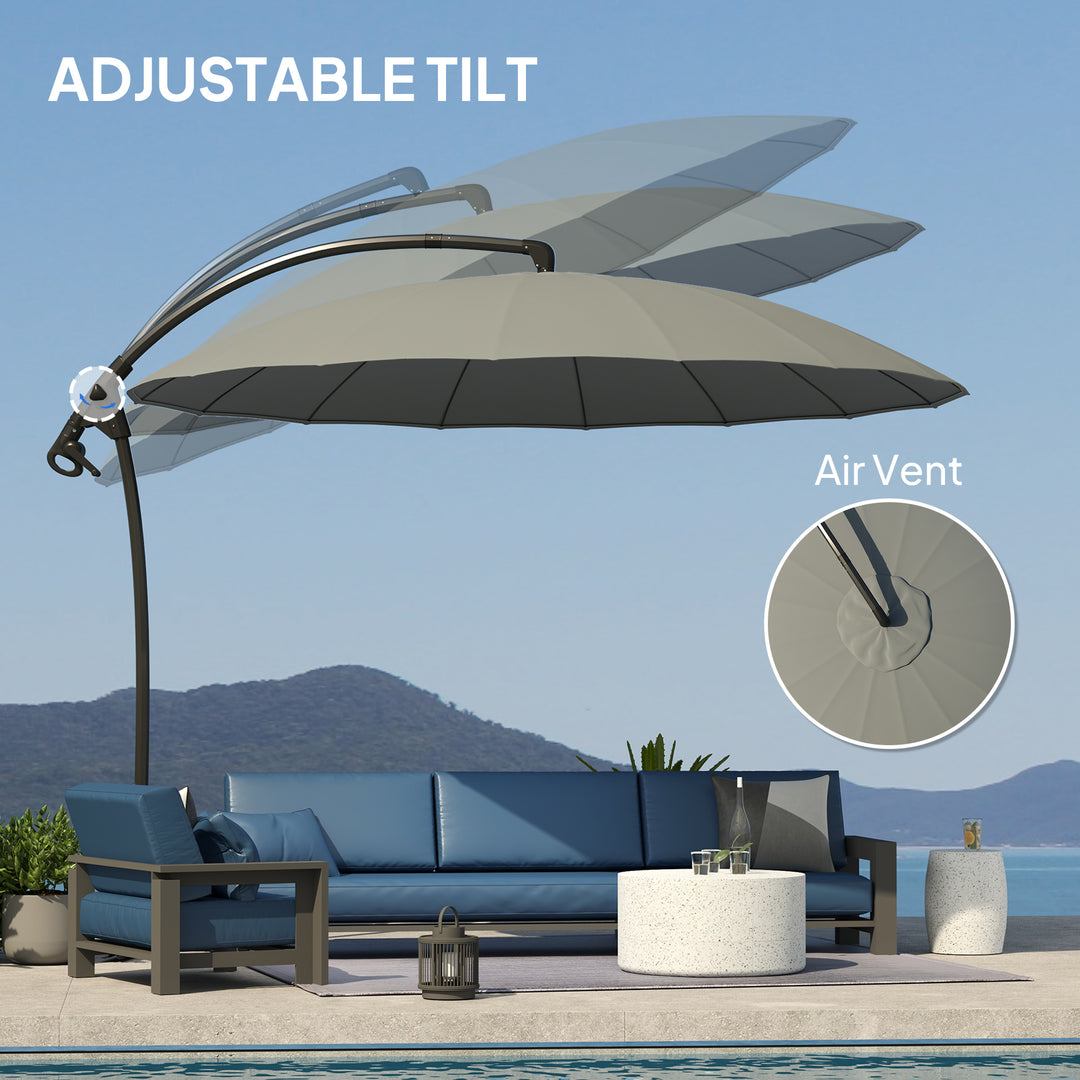 Outsunny 9FT Cantilever Umbrella with 16 Fibreglass Ribs, Offset Hanging Umbrella, Patio Umbrella with Crank and Cross Base, Grey