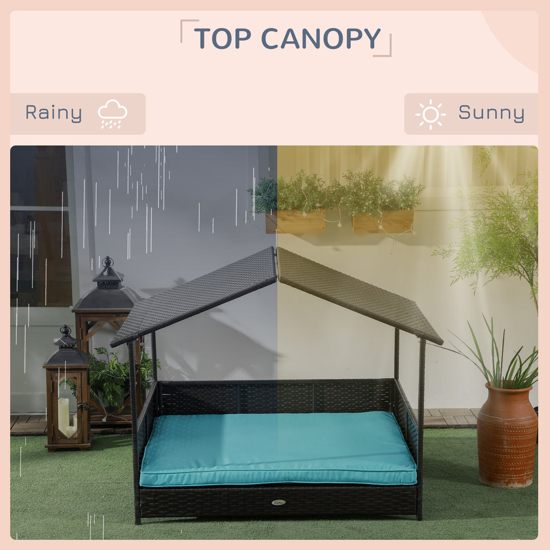 PawHut Outdoor Dog House Wicker Dog Bed with Soft Cushion Washable Cover, for Medium Large Dogs Indoor Outdoor, Blue