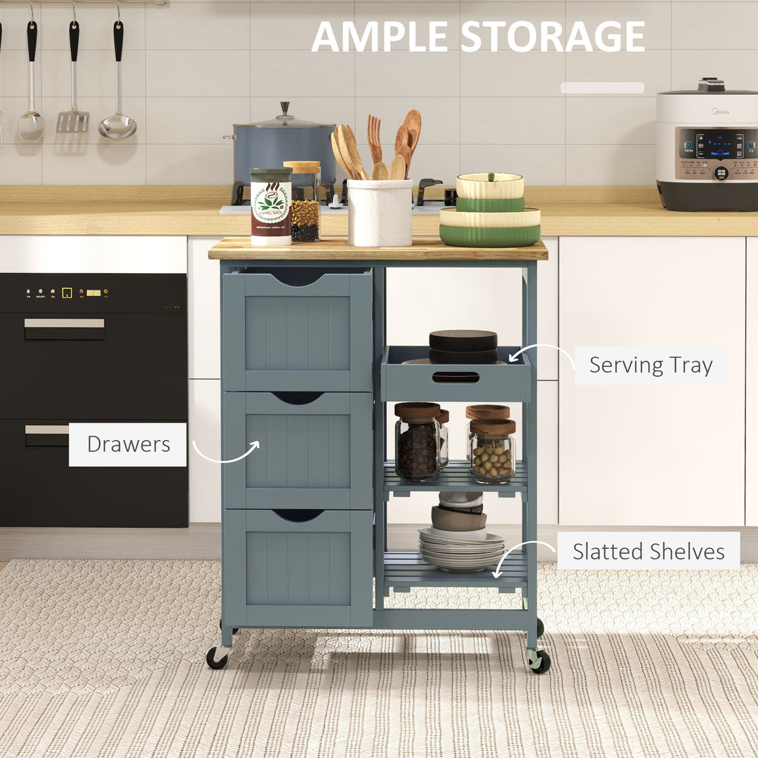 HOMCOM Kitchen Cart on Wheels, Rolling Kitchen Island Cart with Wood Top, 3 Drawers and Shelves for Home Dining Area