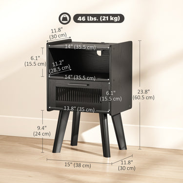 HOMCOM Modern NightStands Set of 2 with Charging Station, Storage, Glass Decorative Door for Bedroom, Living Room, Black