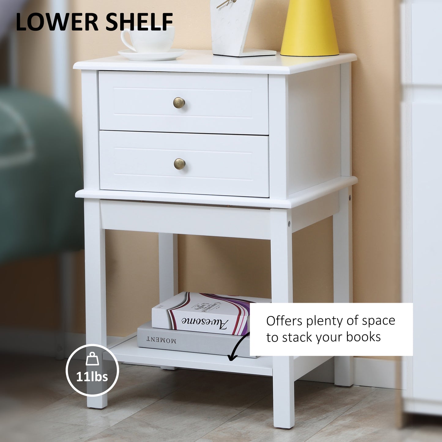 HOMCOM Modern Sofa Side Table, Accent End Table with Drawers and Storage Shelf, Nightstand for Bedroom Living Room, Black