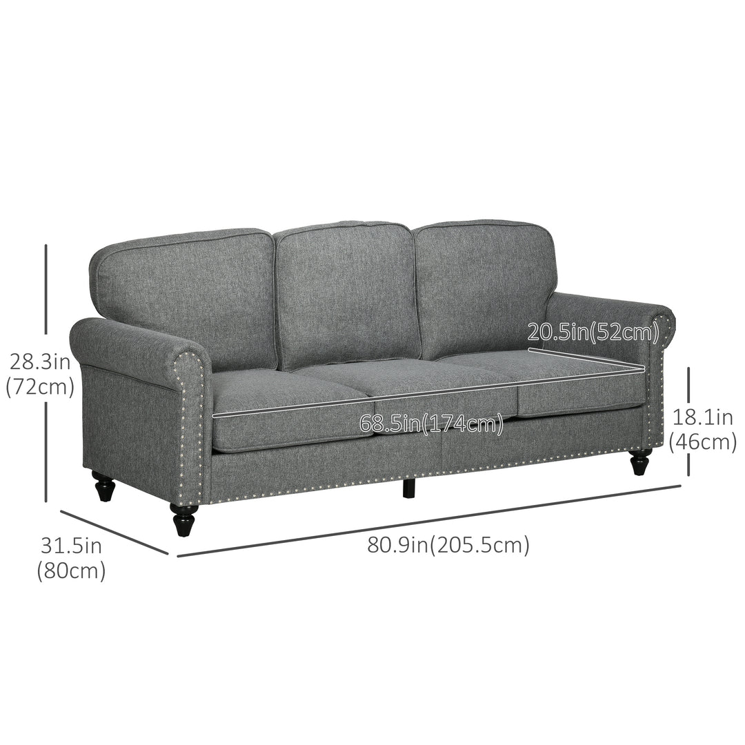 HOMCOM 3-Seater Sofa Couch, 81" Modern Upholstered Linen Fabric Sofa with Rubberwood Legs, Nailhead Trim and Rolled Arms for Living Room, Bedroom and Apartment, Grey