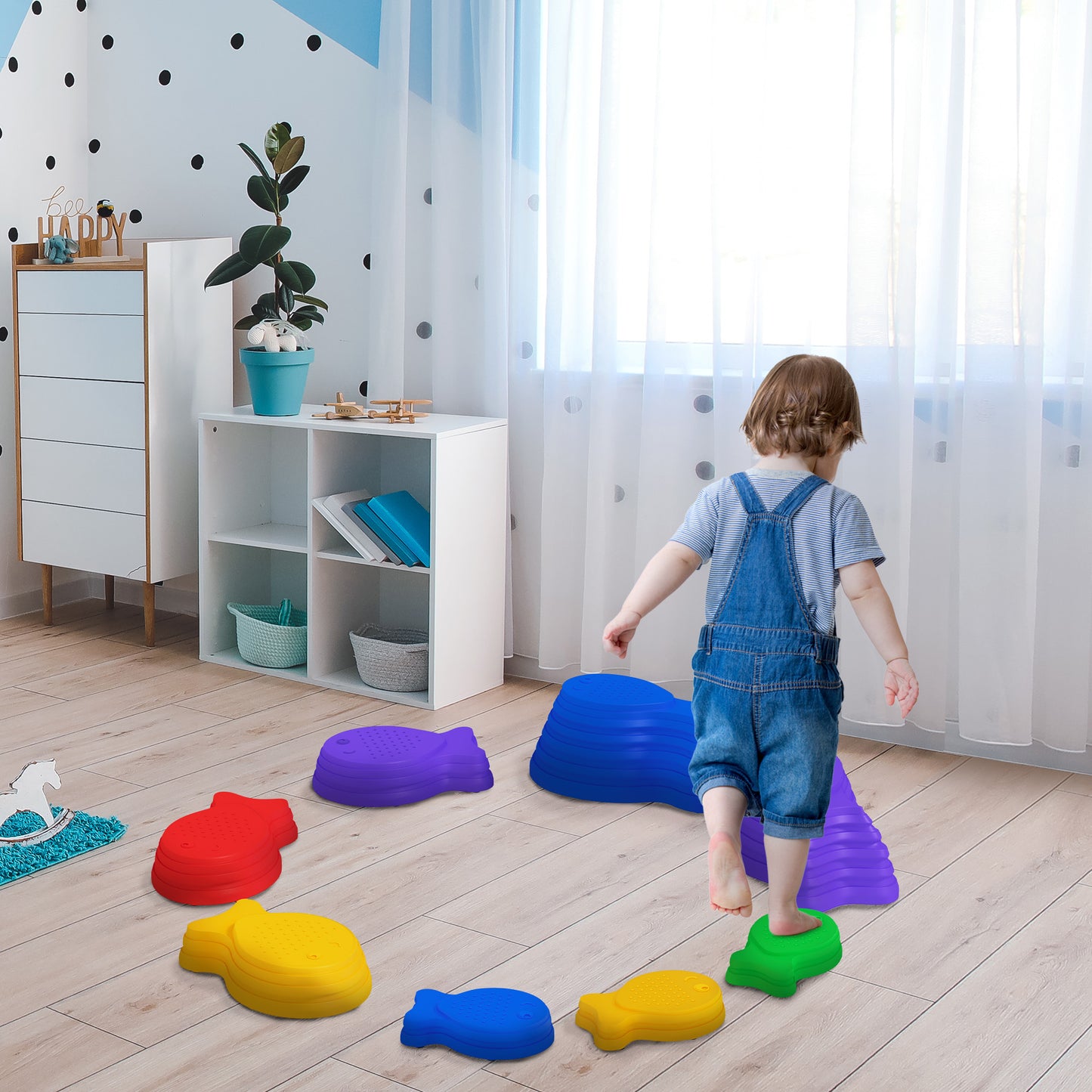 Outsunny 11PCs Larger Size Balance Stepping Stones for Kids with Non-slip Bottom, Stackable Obstacle Course Outdoor Indoor, Play River Rocks with Starfish Style