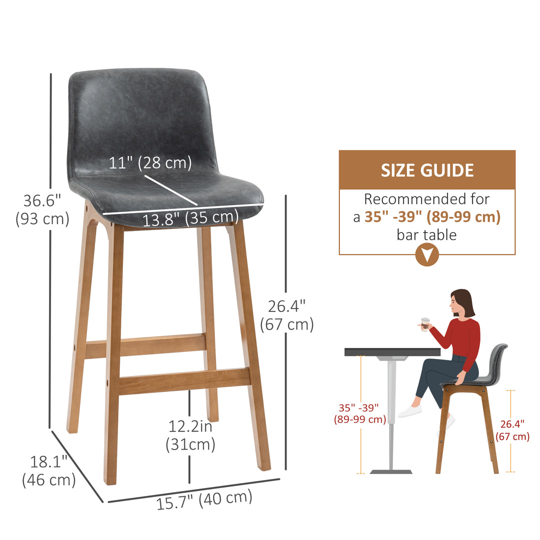 HOMCOM Modern Bar Stools Set of 2, Counter Height Bar Chair with PU Leather Wooden Frame Padding Seats for Dining Room Home Bar, Dark Brown