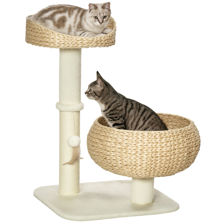 PawHut 28" Cat Tree with Scratching Post, Cat Tower with Double Beds, Beige