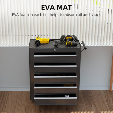 HOMCOM 5 Drawer Roller Tool Chest, Mobile Lockable Toolbox, Storage Organizer with Handle for Workshop Mechanics Garage, Black