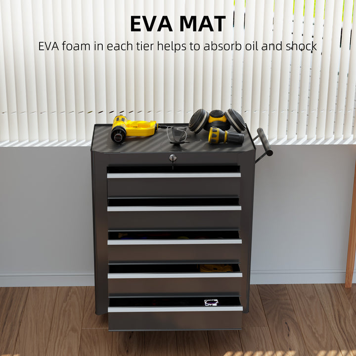 HOMCOM 5 Drawer Roller Tool Chest, Mobile Lockable Toolbox, Storage Organizer with Handle for Workshop Mechanics Garage, Black