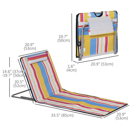 Outsunny Set of 2 Beach Lounge Chair Sun Lounger Beach Mat, Padded Folding Ground Mat Lounge Chair w/Adjustable Back, Steel Frame, Head Pillow and Carry Bag for Backyard Lakeside, Colorful Stripes