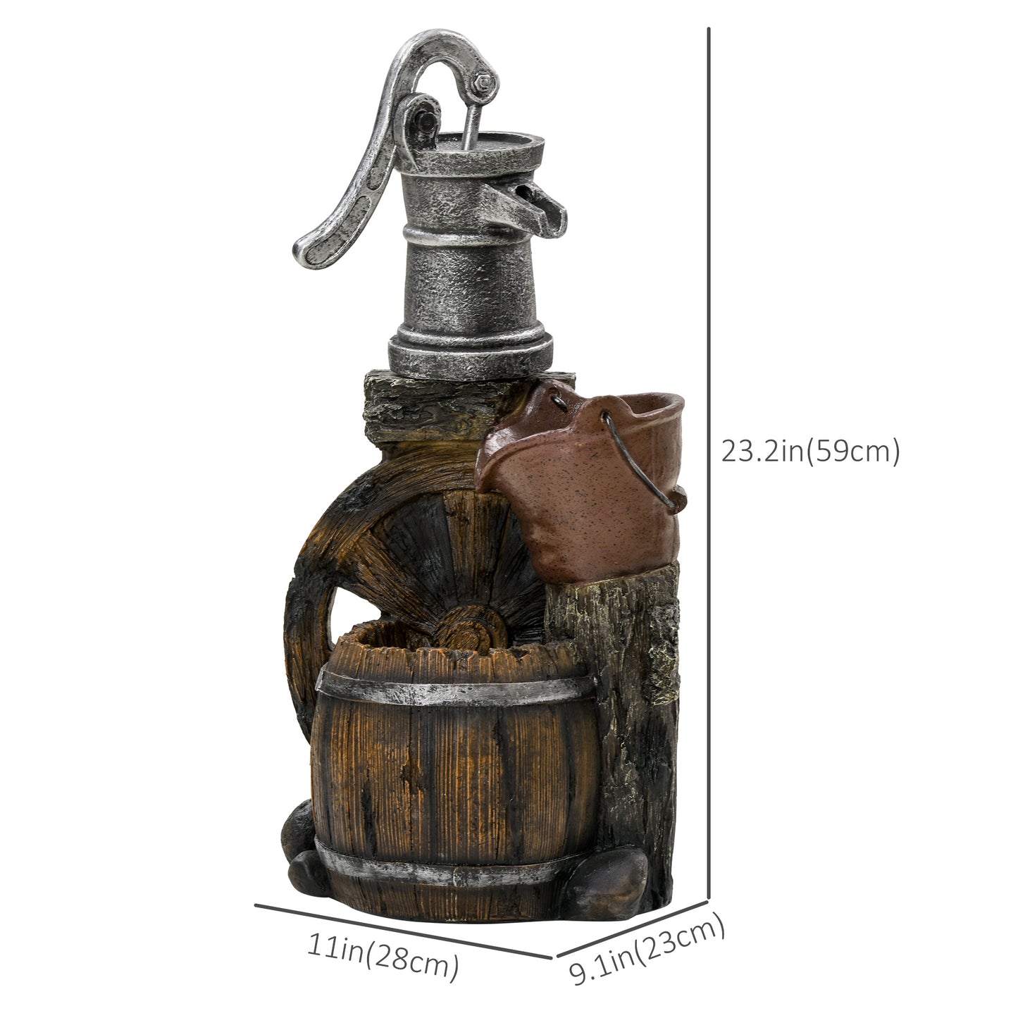 Outsunny Rustic Waterfall Fountain with Old Fashion Pump Barrel Wheel, 3-Tier Cascading Outdoor Fountain with Adjustable Flow, Decorative Water Feature for Zen Garden, Deck, Porch
