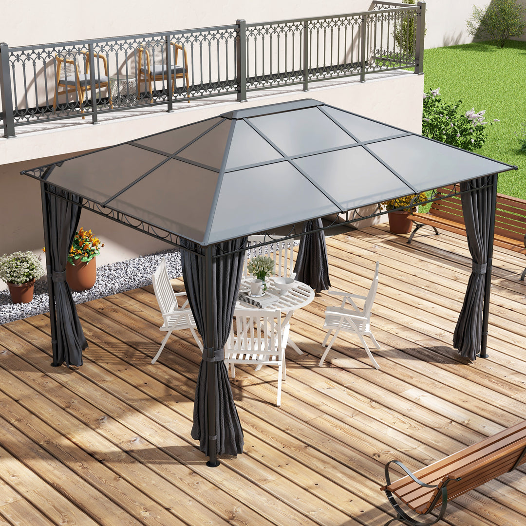 Outsunny 13' x 10' Polycarbonate Hardtop Gazebo Canopy, Outdoor Patio Gazebo with Aluminum Frame & Curtains, Dark Grey