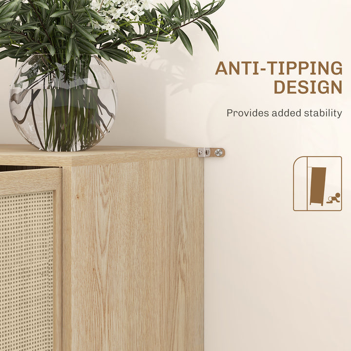 HOMCOM Kitchen Sideboard Cabinet, Boho Storage Cabinet with Shelves, Wood Legs, Decorative Rattan Doors, Natural