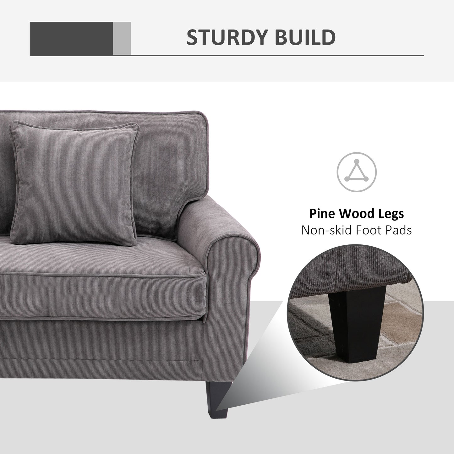 HOMCOM Modern 3 Seater Sofa, Corduroy Fabric 3 Seater Couch with Pine Wood Legs and Rolled Armrests for Living Room, Light Grey