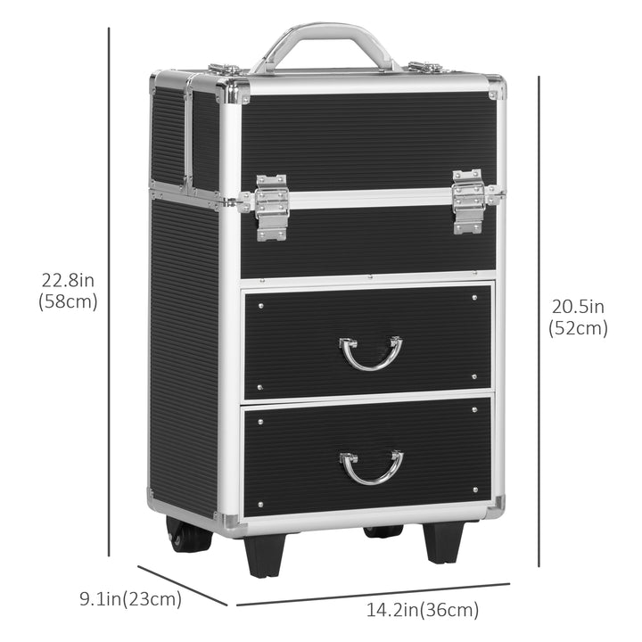 HOMCOM Rolling Makeup Case, Large Storage Cosmetic Trolley, Lockable Traveling Cart Trunk with Folding Trays, Swivel Wheels