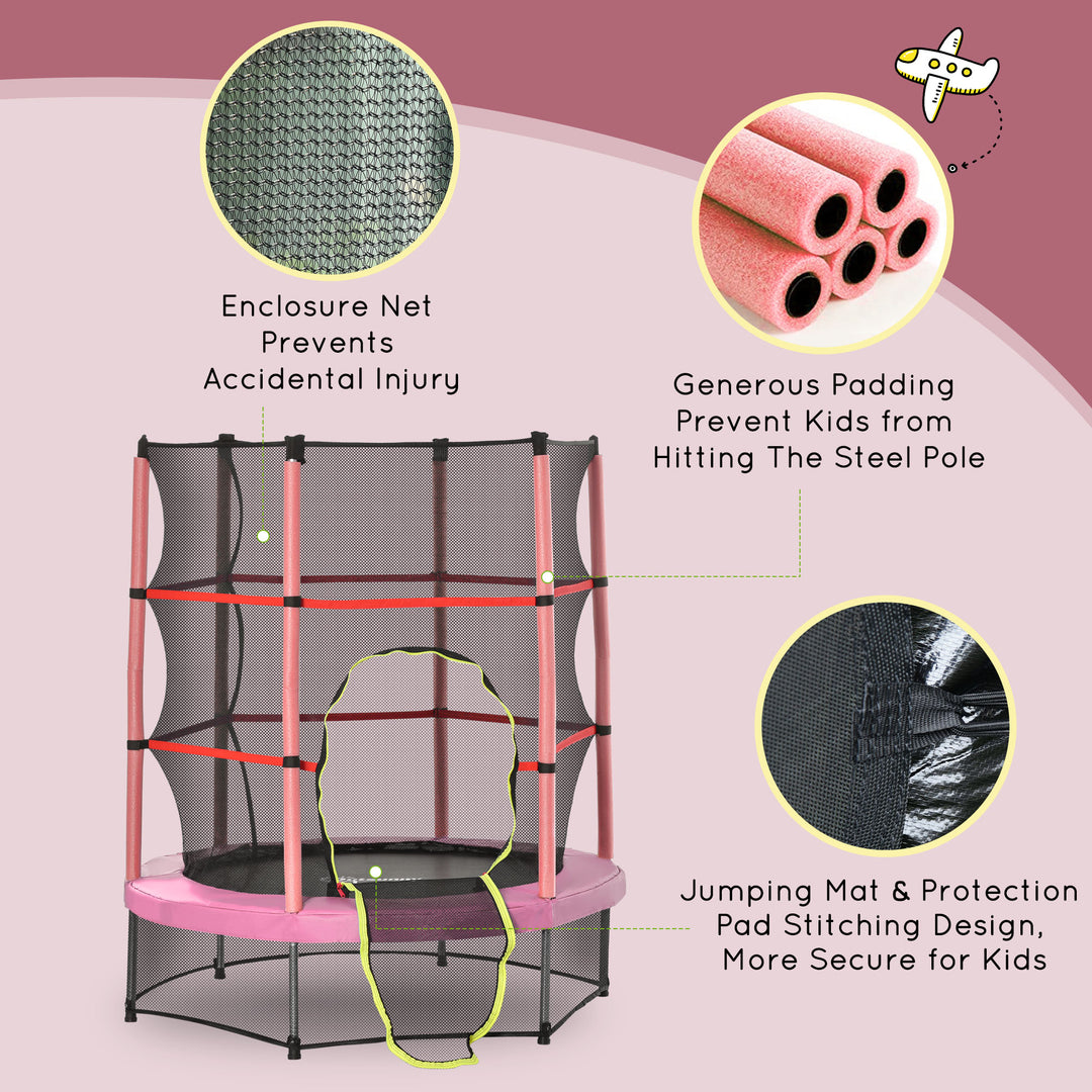Outsunny 55" Kids Trampoline with Enclosure Net for Indoor/Outdoor, Trampoline for Boys and Girls Age 3-6 Years, Pink
