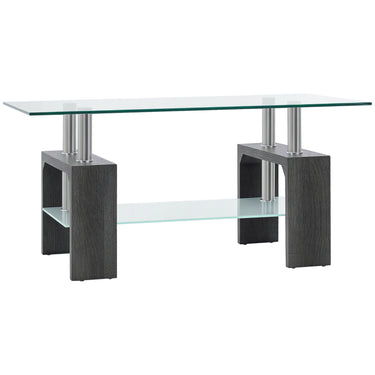 HOMCOM Rectangle Glass Coffee Table, 2-Tier Center Table with Tempered Glass Top and Storage Shelf for Living Room, Grey