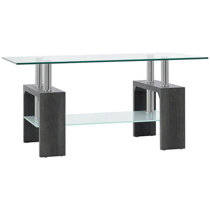 HOMCOM Rectangle Glass Coffee Table, 2-Tier Center Table with Tempered Glass Top and Storage Shelf for Living Room, Grey