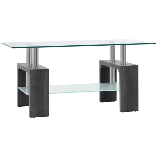HOMCOM Rectangle Glass Coffee Table, 2-Tier Center Table with Tempered Glass Top and Storage Shelf for Living Room, Grey