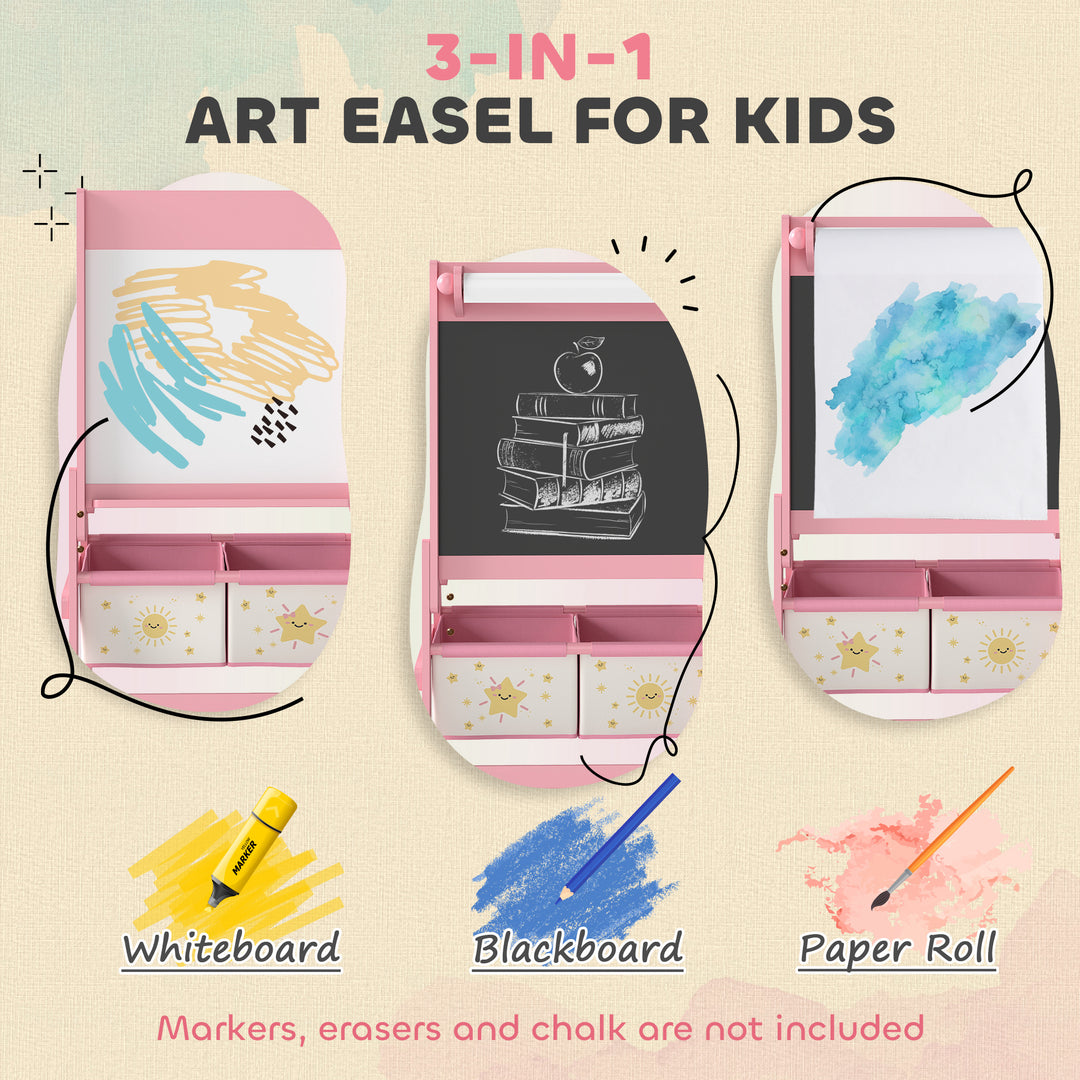 Qaba Art Easel for Kids, Double-Sided Whiteboard & Chalkboard with Paper Roll, 2 Storage Boxes, Gift for Boys, Girls, Pink