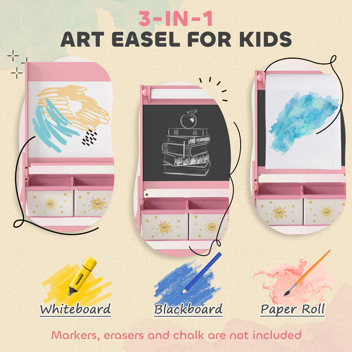 Qaba Art Easel for Kids, Double-Sided Whiteboard & Chalkboard with Paper Roll, 2 Storage Boxes, Gift for Boys, Girls, Pink