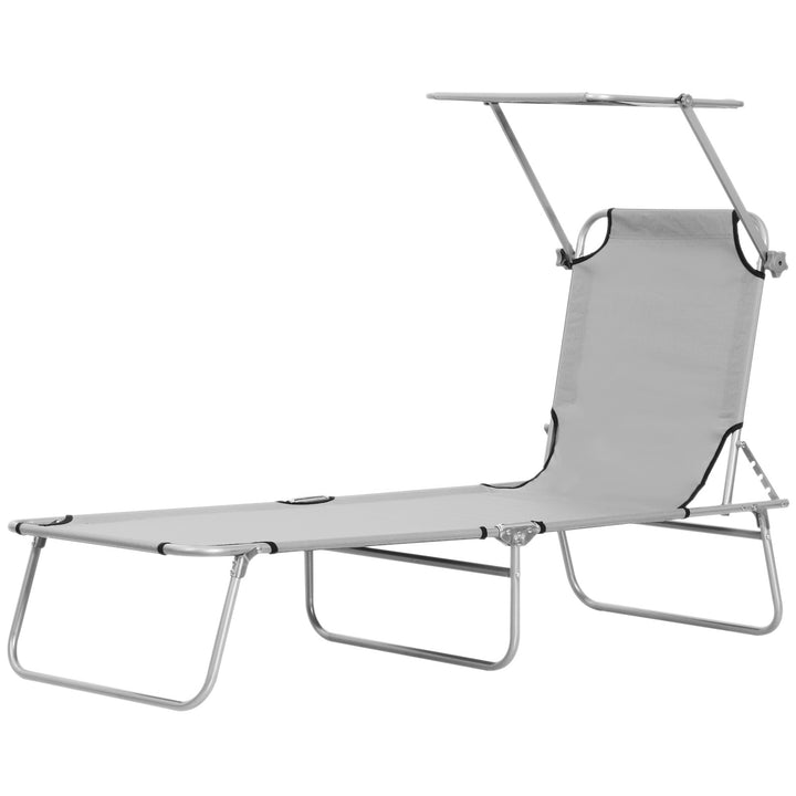 Outsunny Outdoor Lounge Chair, Adjustable Folding Chaise Lounge,  Tanning Chair with Sun Shade for Beach, Camping, Hiking, Backyard, Grey