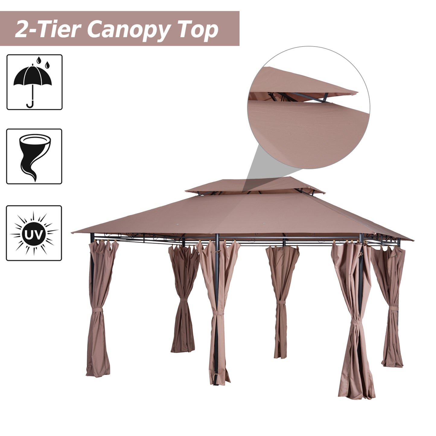 Outsunny 10' x 13' Patio Gazebo, Outdoor 2-Tiers Garden Canopy Yard Sunshade Shelter with Curtains, Khaki