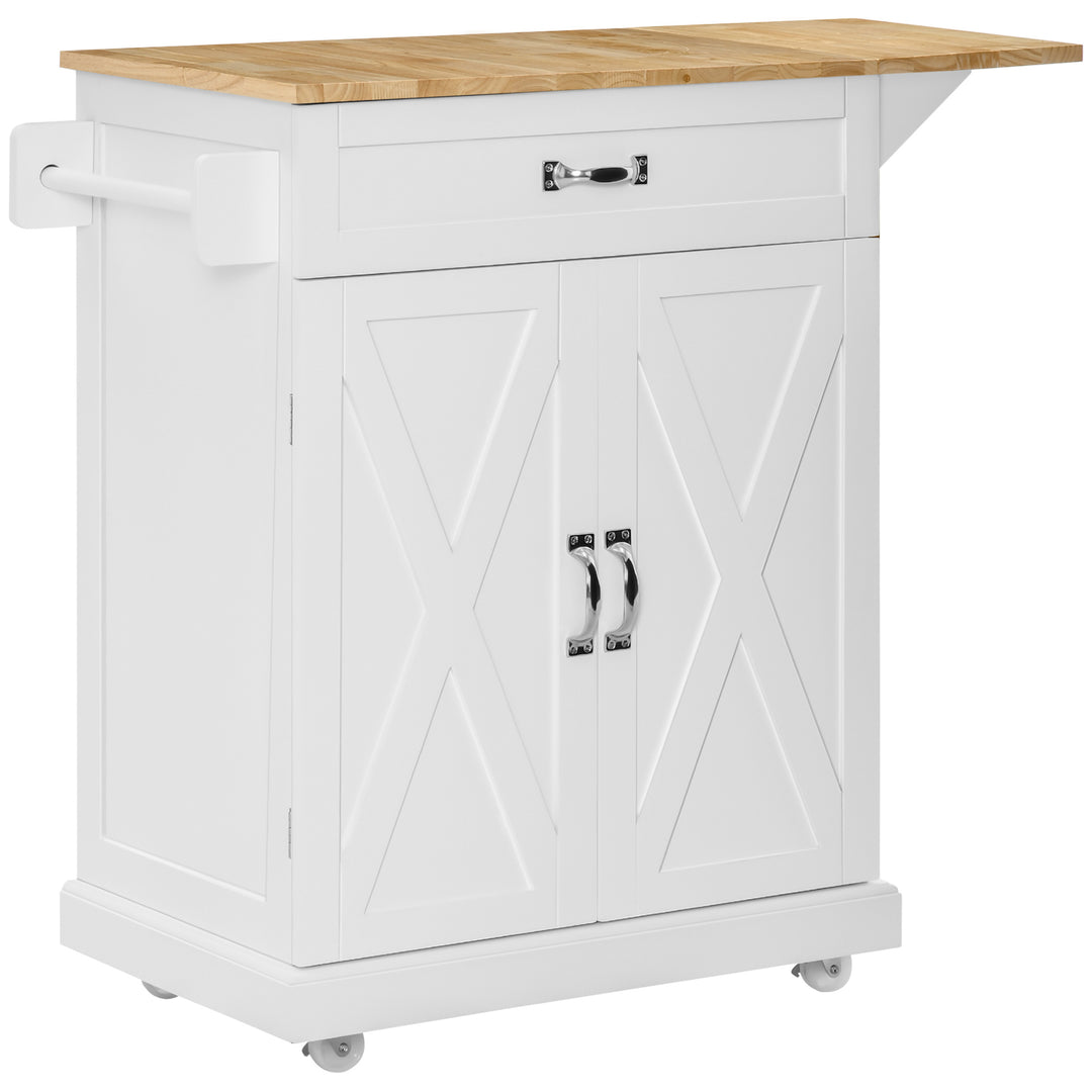 HOMCOM Foldable Kitchen Island with Storage Drawer, Farmhouse Style Rolling Utility Cart, Coffee Bar Cabinet on Wheels with Drop-Leaf Wood Top, White