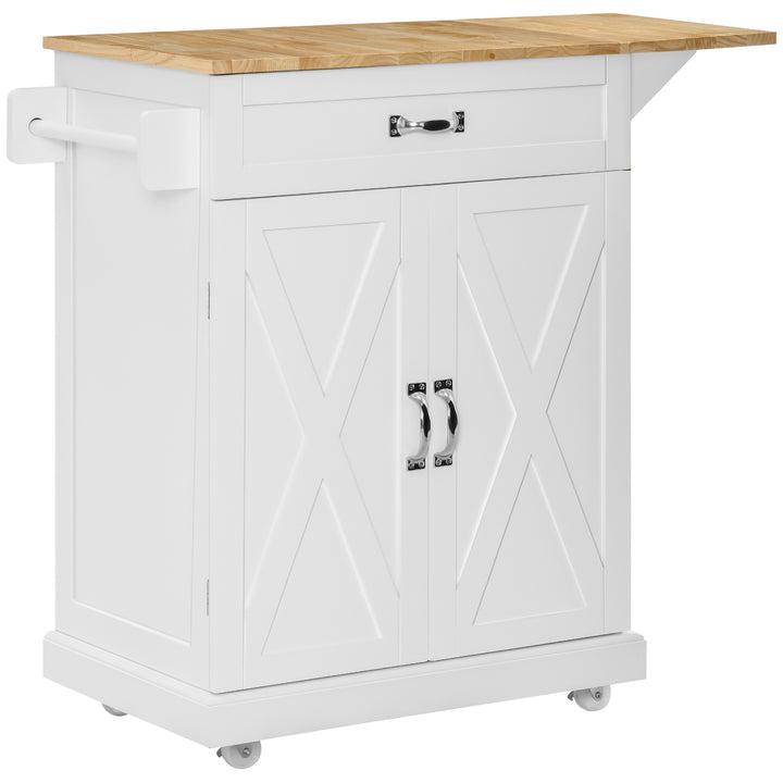 HOMCOM Foldable Kitchen Island with Storage Drawer, Farmhouse Style Rolling Utility Cart, Coffee Bar Cabinet on Wheels with Drop-Leaf Wood Top, White