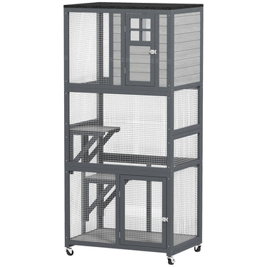 PawHut 74" Wooden Outdoor Cat House Weatherproof & Wheeled with High Weight Capacity, Kitten Cage Condo, Light Grey