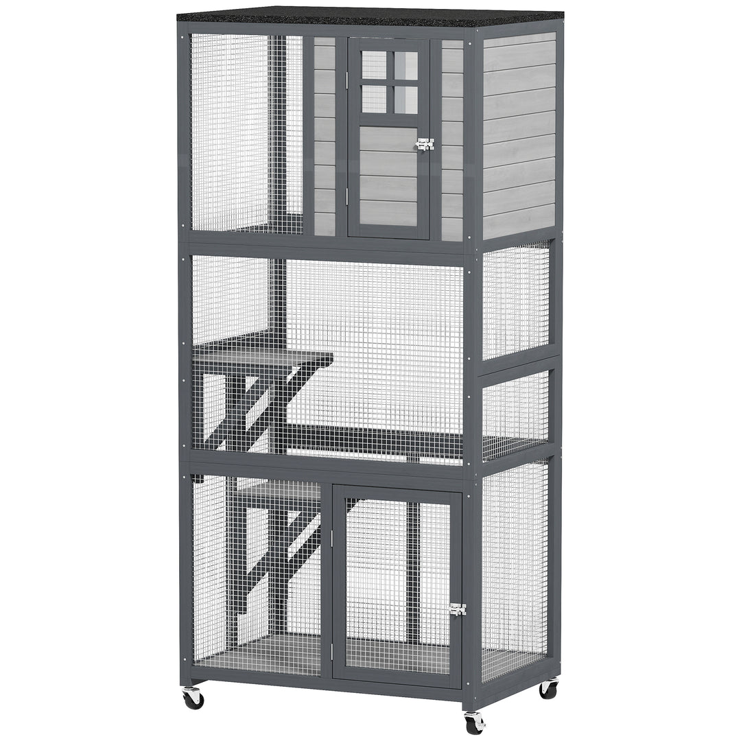 PawHut 74" Wooden Outdoor Cat House Weatherproof & Wheeled with High Weight Capacity, Kitten Cage Condo, Light Grey