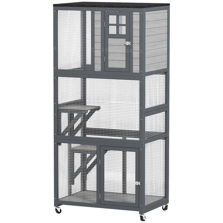 PawHut 74" Wooden Outdoor Cat House Weatherproof & Wheeled with High Weight Capacity, Kitten Cage Condo, Light Grey