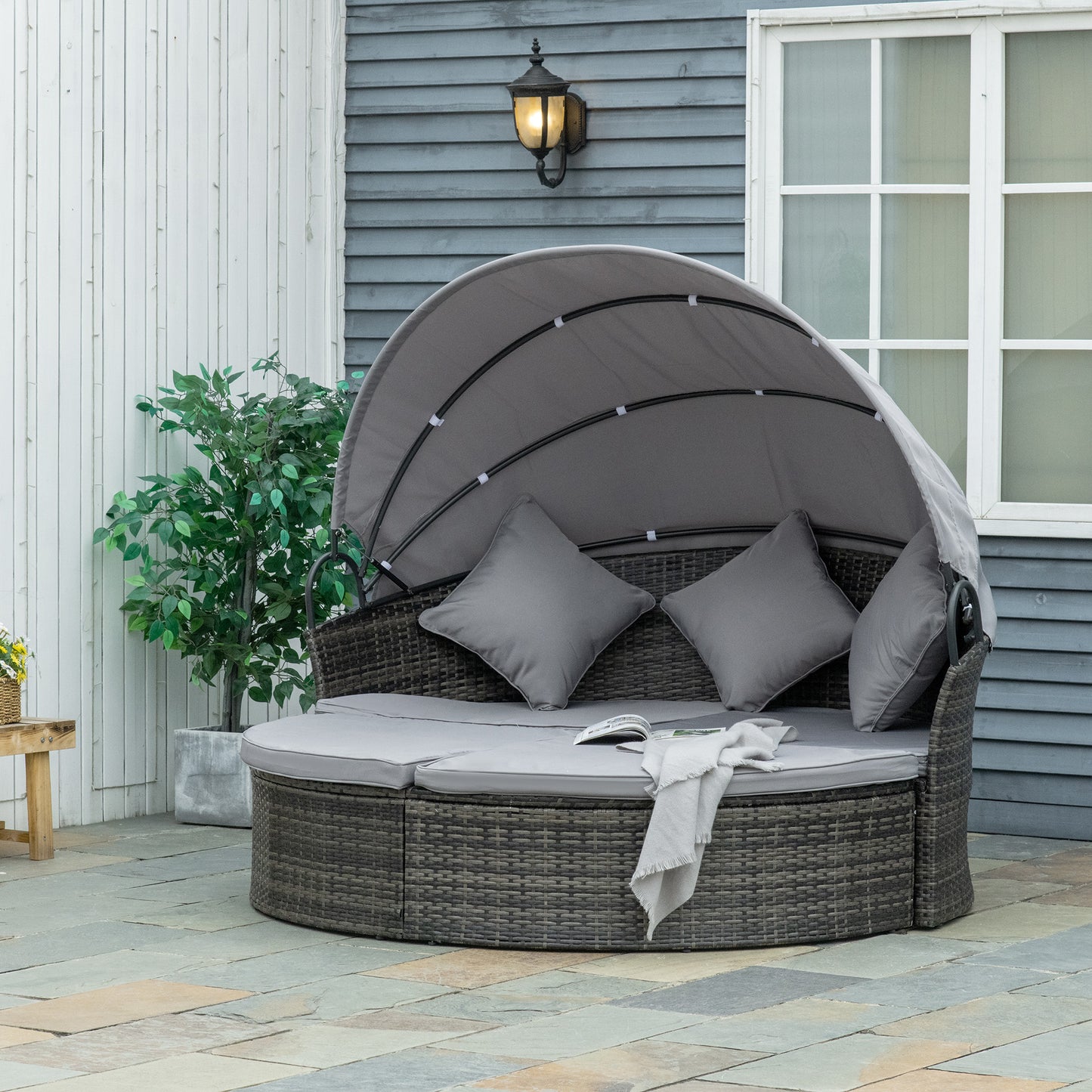 Outsunny 2 Pcs Rattan Outdoor Daybed with Retractable Canopy, Wicker Round Patio Daybed Set with Cushions & Pillows, Mixed Grey