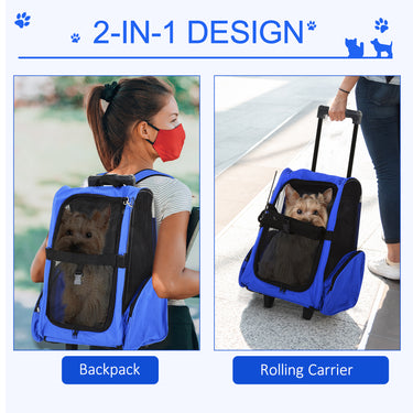 PawHut 2-IN-1 Pet Luggage Box Backpack Carrier Cats Dogs w/ Handle, Rolling Wheel Blue