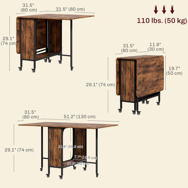 HOMCOM Folding Dining Table, Extendable Kitchen Table for Small Spaces with Storage Shelf and 6 Wheels, Light Brown