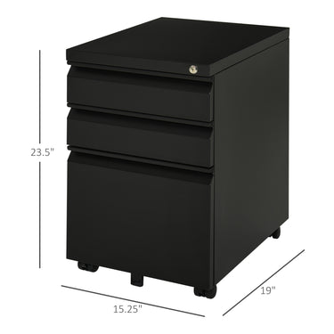 Vinsetto 3 Drawer Filing Cabinet, Lockable Office Storage Cabinet on Wheels for Legal, Letter, A4 Files, Black