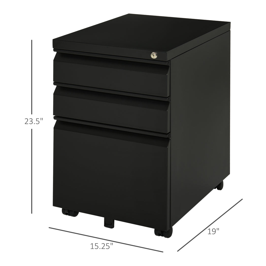 Vinsetto 3 Drawer Filing Cabinet, Lockable Office Storage Cabinet on Wheels for Legal, Letter, A4 Files, Black