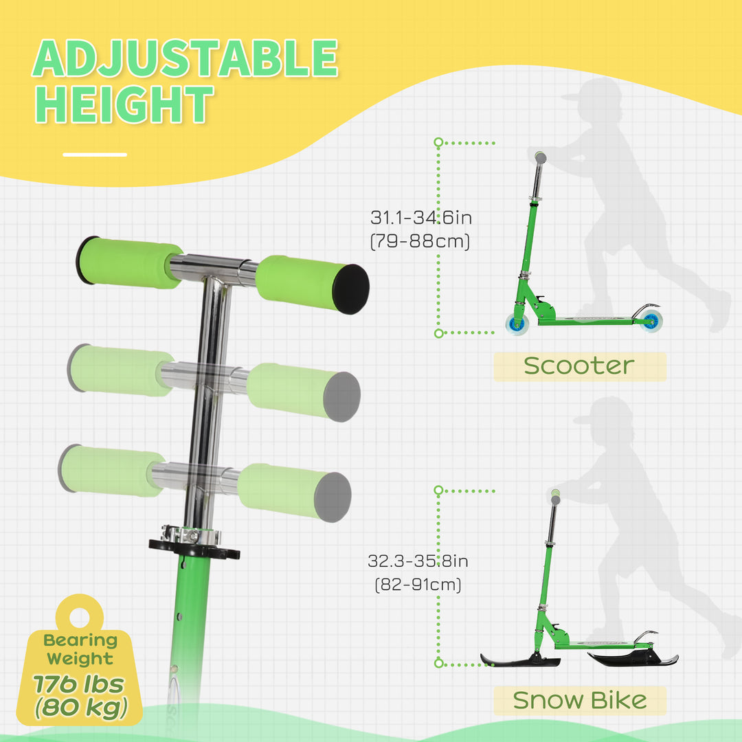 Qaba Snow Scooter, 2 in 1 Design Adjustable Height Scooter Snow Sled for Kids Aged Over 7 Years Old, Kids Sled Ski Scooter with Wheels Blades, Green