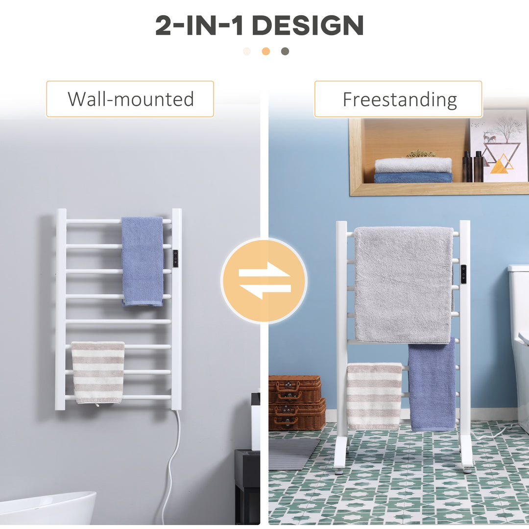 HOMCOM 8-Bar Heated Towel Warmer Rack with Built-in Timer and LED Indicators, Wall Mounted & Free Standing Carbon Steel Electric Towel Bar with Adjustable Temperature, White