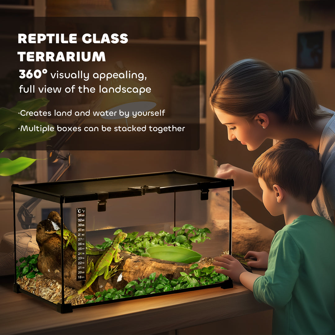 PawHut Glass Reptile Terrarium with Thermometer, Water Basin, Full View Visually for Lizards, Horned Frogs, Snakes, Spiders