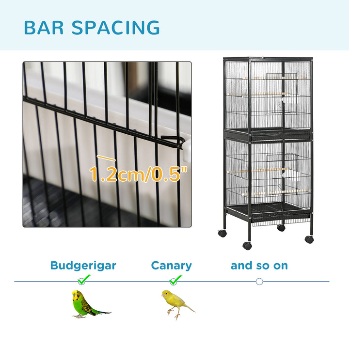 PawHut 55.1" 2 In 1 Bird Cage Aviary Parakeet House for finches, budgies with Wheels, Slide-out Trays, Wood Perch, Food Containers, Light Blue