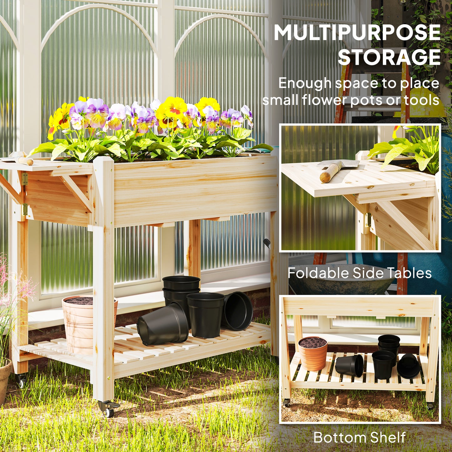 Outsunny Raised Garden Bed, Wood Planter Box with Lockable Wheels, Side Tables, Bottom Shelf, Bed Liner, Drain Holes, Natural