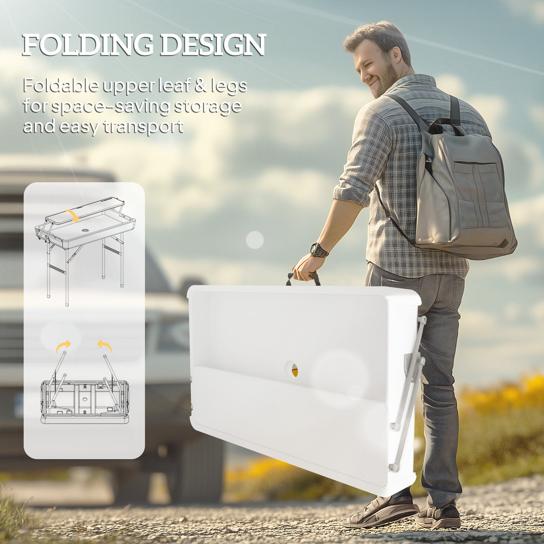 Outsunny 3.5ft Folding Ice Cooler Table with Drain, 2-Tier Outdoor Patio Party Cooler, Fishing Cleaning Table with Storage Shelf for Picnic BBQ Camping Wedding, White