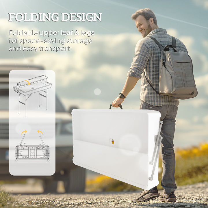 Outsunny 3.5ft Folding Ice Cooler Table with Drain, 2-Tier Outdoor Patio Party Cooler, Fishing Cleaning Table with Storage Shelf for Picnic BBQ Camping Wedding, White